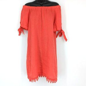 Lungo L'Arno Dress S Dark Coral 100% Linen Elastic Neck Off Shoulder Tie Sleeve